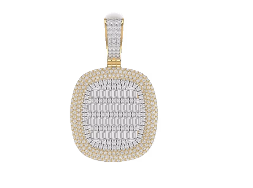 Cushion baguette-grid centre pendant with bordered pavé halo and pavé bail.