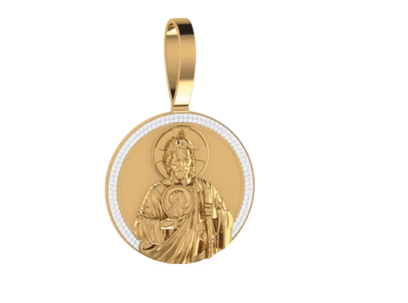 Round Christ portrait medallion pendant with pavé halo border.
