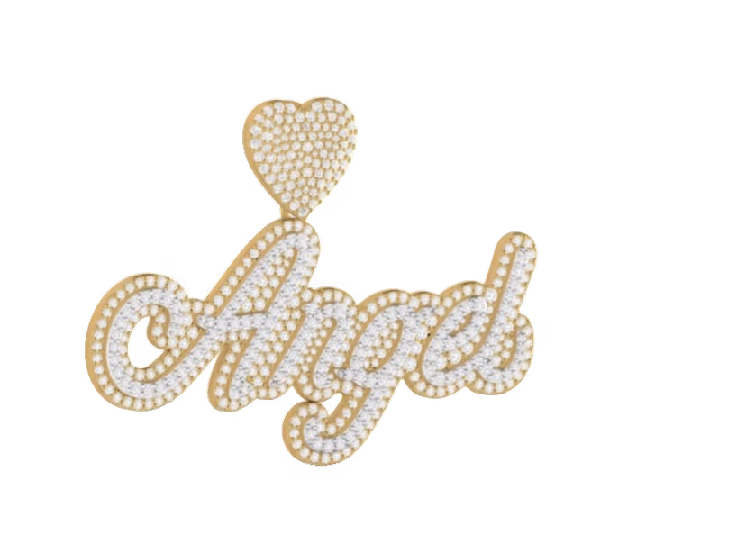 Angel cursive script pavé pendant with pavé heart topper.
