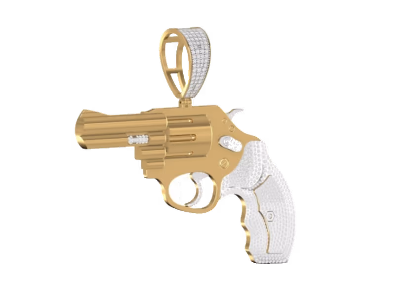 3D revolver pendant with pavé grip and sculpted gold barrel.
