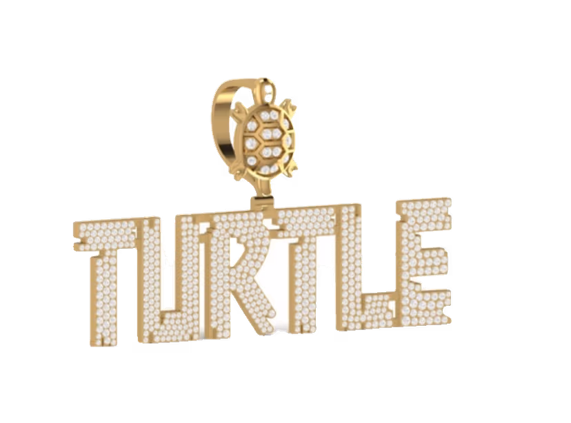 TURTLE iced block-letter pendant with turtle motif on pavé bail.