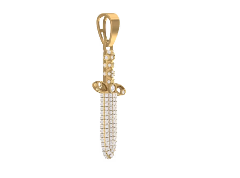 Iced sword pendant with pavé blade and gold hilt.