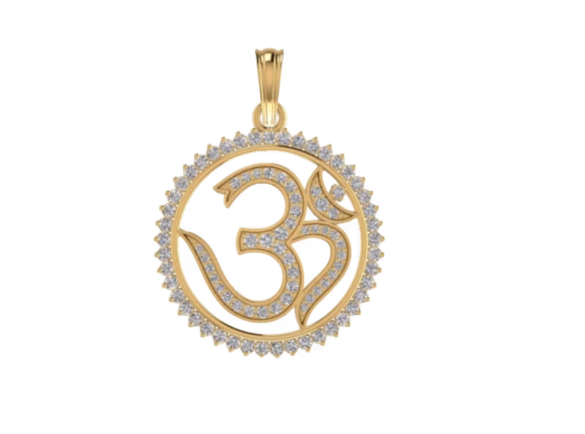 Round Om symbol pendant with claw-set pavé halo border.