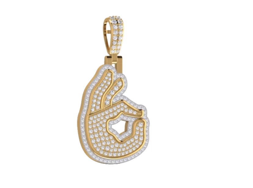 3D pavé hand OK-sign pendant with full pavé palm.