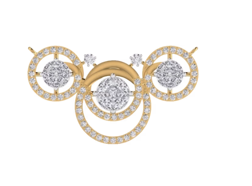 Three-circle scrollwork mangalsutra centerpiece with central pavé cluster.