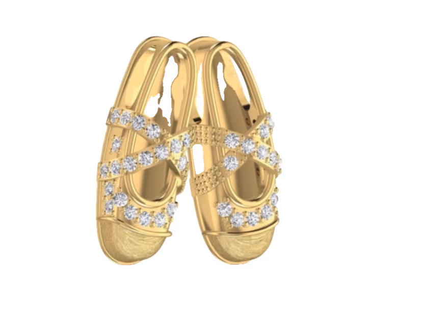 Pair of baby slipper pendants with criss-cross pavé strap detail.