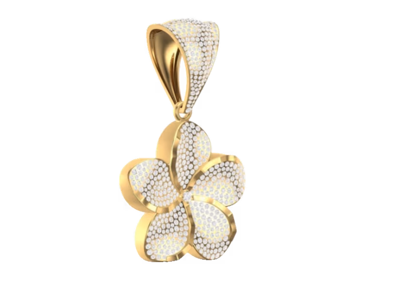 Five-petal plumeria flower pendant with full pavé and matching pavé bail.