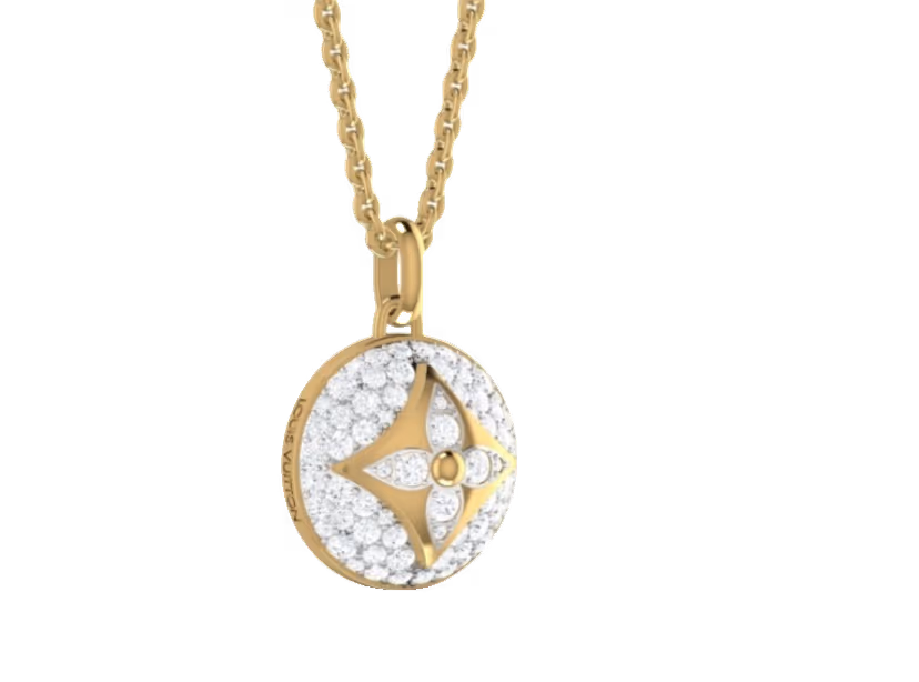 Round Louis-Vuitton-style monogram coin pendant with pavé infill.