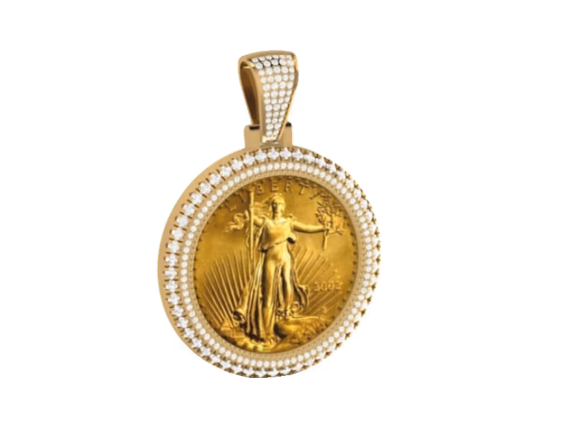 Liberty gold-coin pendant in pavé bezel halo with pavé bail.