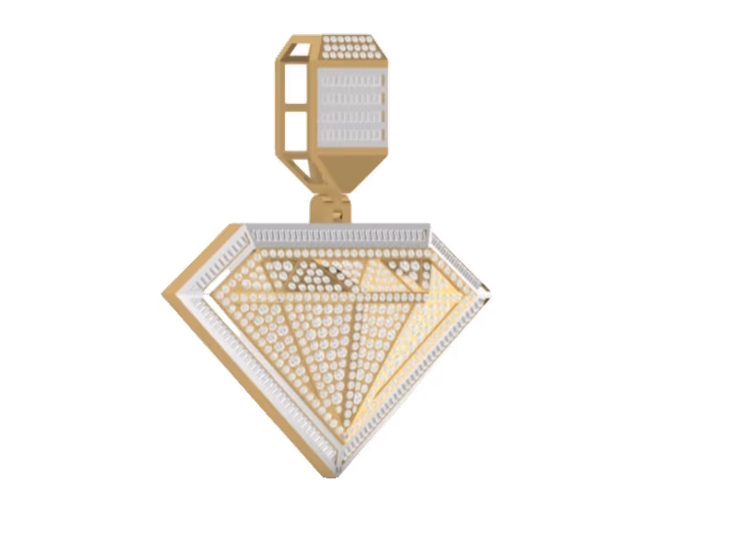 3D iced gem-cut diamond outline pendant with pavé top bail.