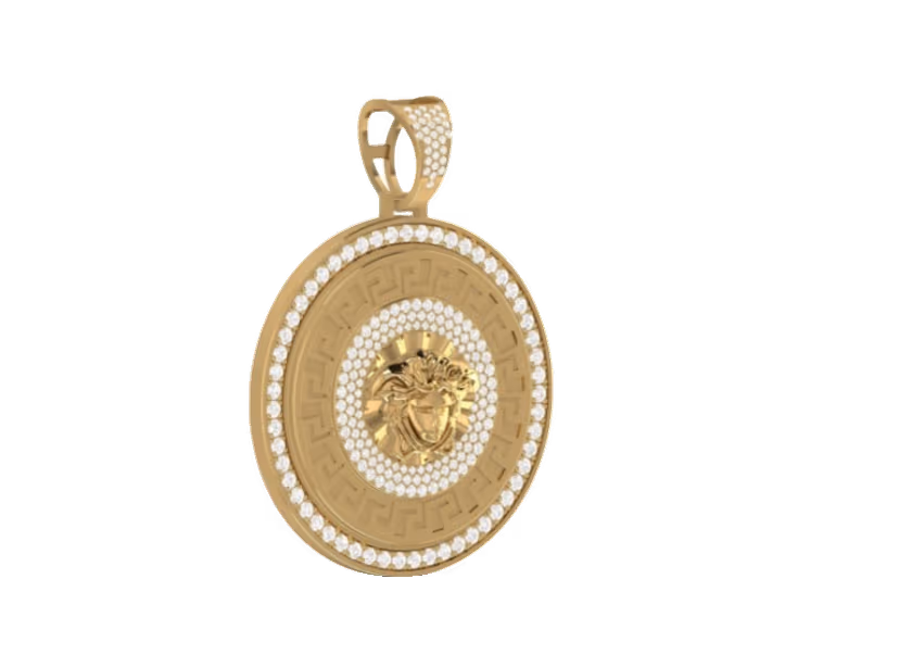 Versace Medusa pendant in pavé halo with Greek-key inner ring.