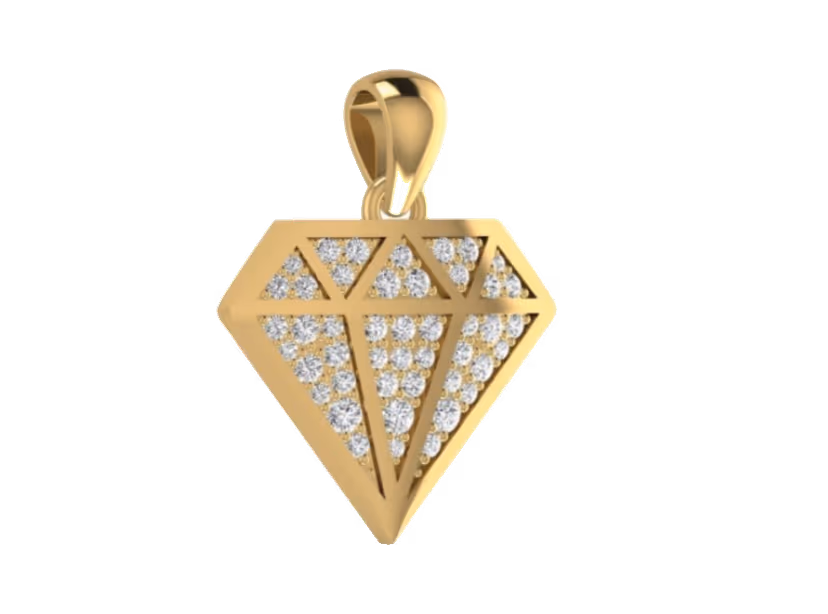 Iced gem-cut diamond pendant with pavé fill and gold bezel frame.