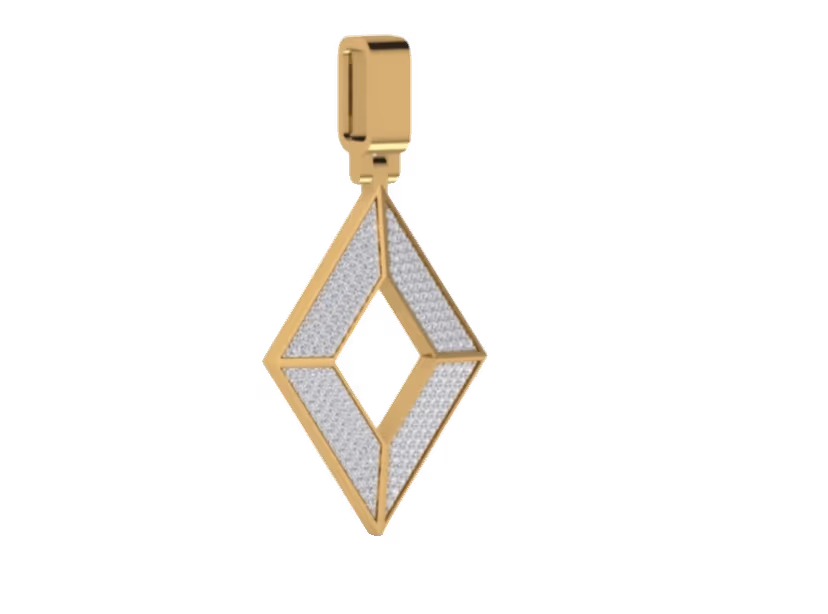 Two-tone rhombus open frame pendant with pavé infill and slim bail.