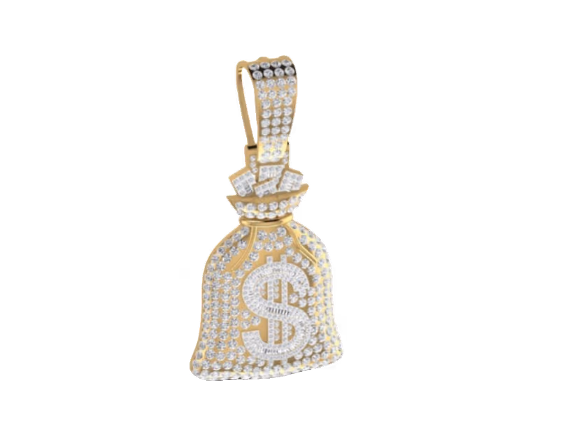 Iced money-bag pendant with baguette dollar-sign and fully pavé body.