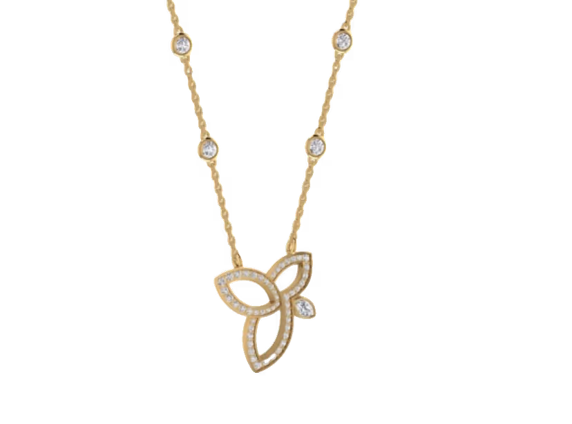 Three-petal floral pendant with diamond bezel station chain accents.