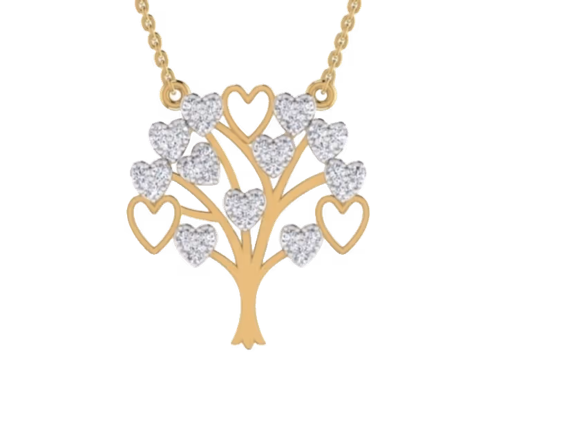 Tree of life pendant with mixed solid and pavé heart-shape leaves.