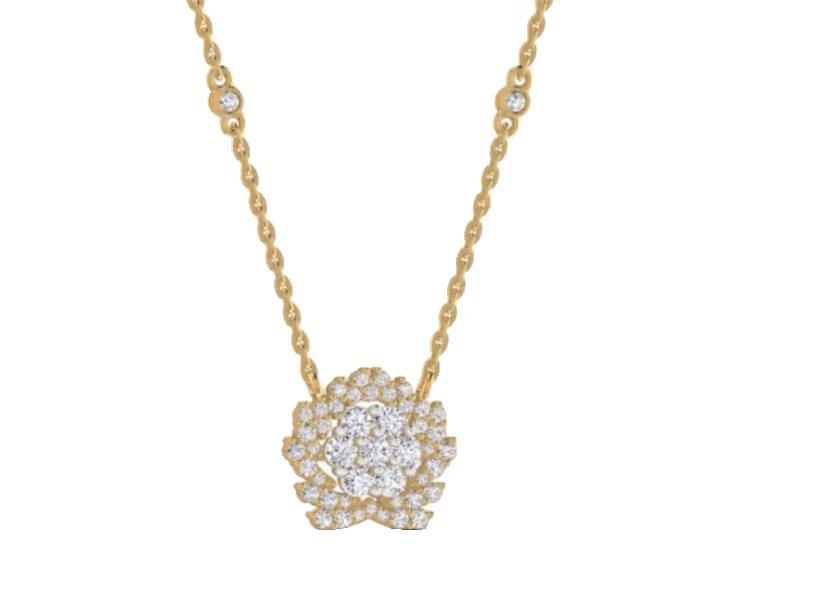 Stylized rose-flower pendant on bezel-station chain with pavé halo.