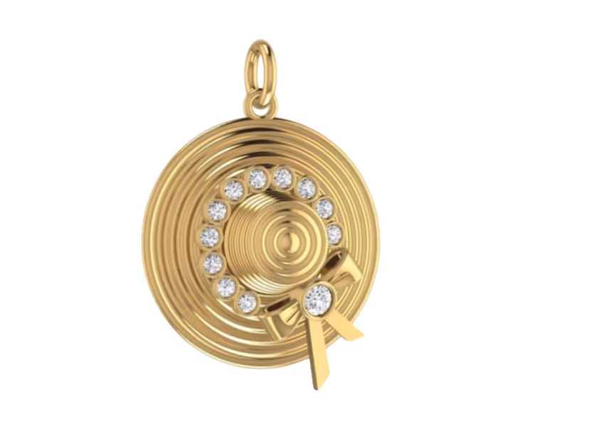 Sun-hat pendant with sculpted ribbed brim, pavé band and gold ribbon.
