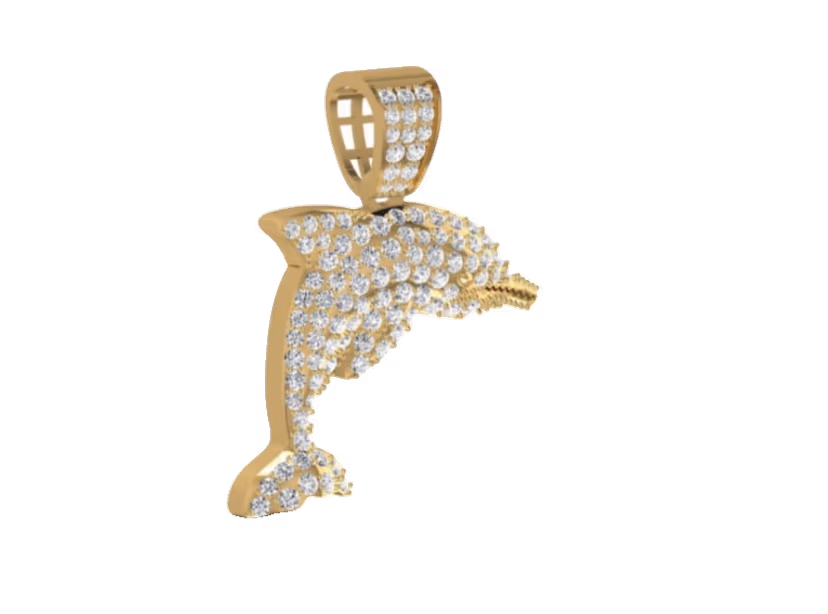 3D dolphin pendant with pavé body and openwork pavé bail.