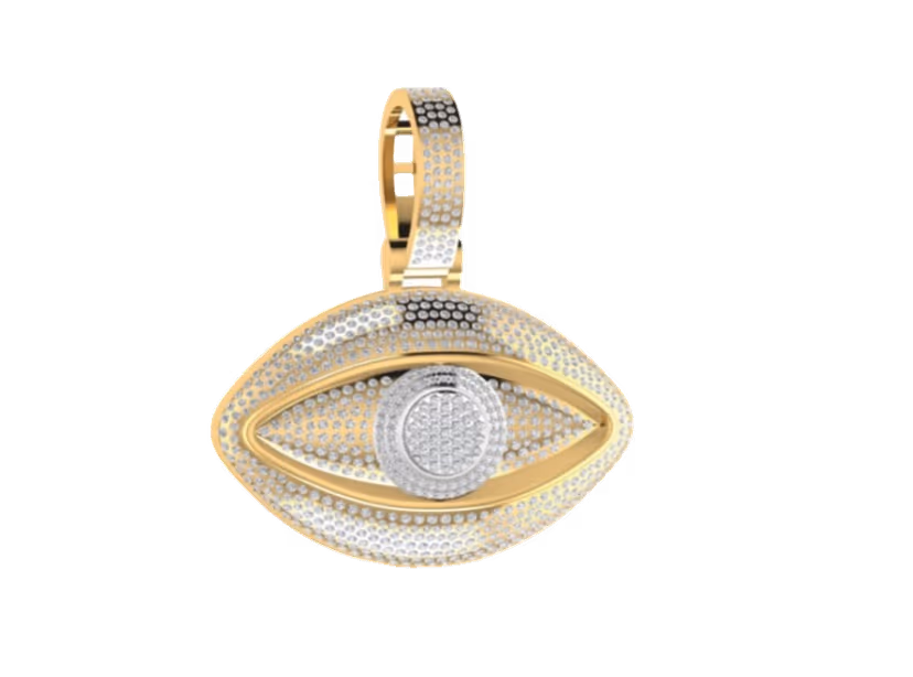 Two-tone evil-eye almond pendant with central pavé pupil.
