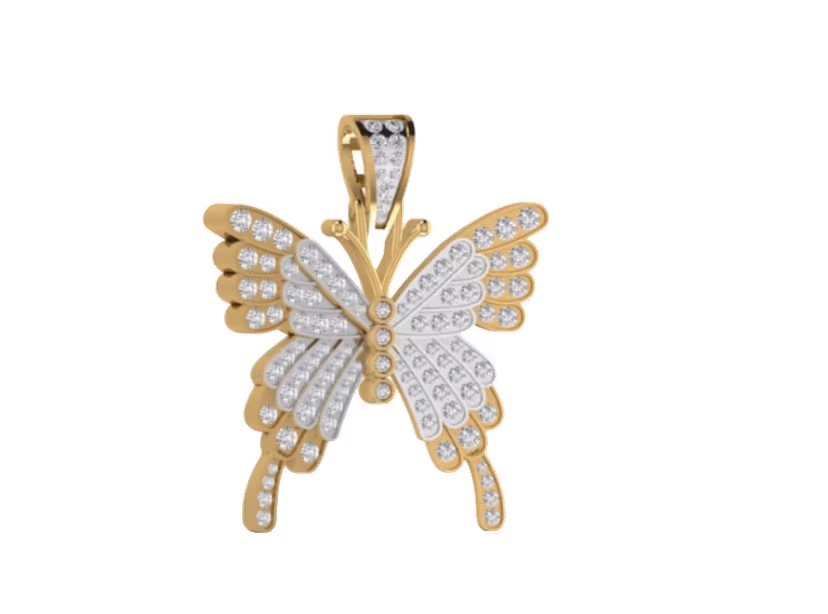 Two-tone butterfly pendant with layered pavé wings and gold bail.