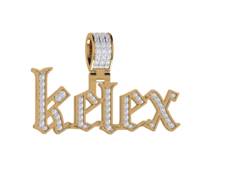 Old-English script kelex pavé nameplate pendant.
