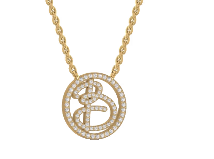 Round openwork pendant with cursive B letter and pavé halo borders.